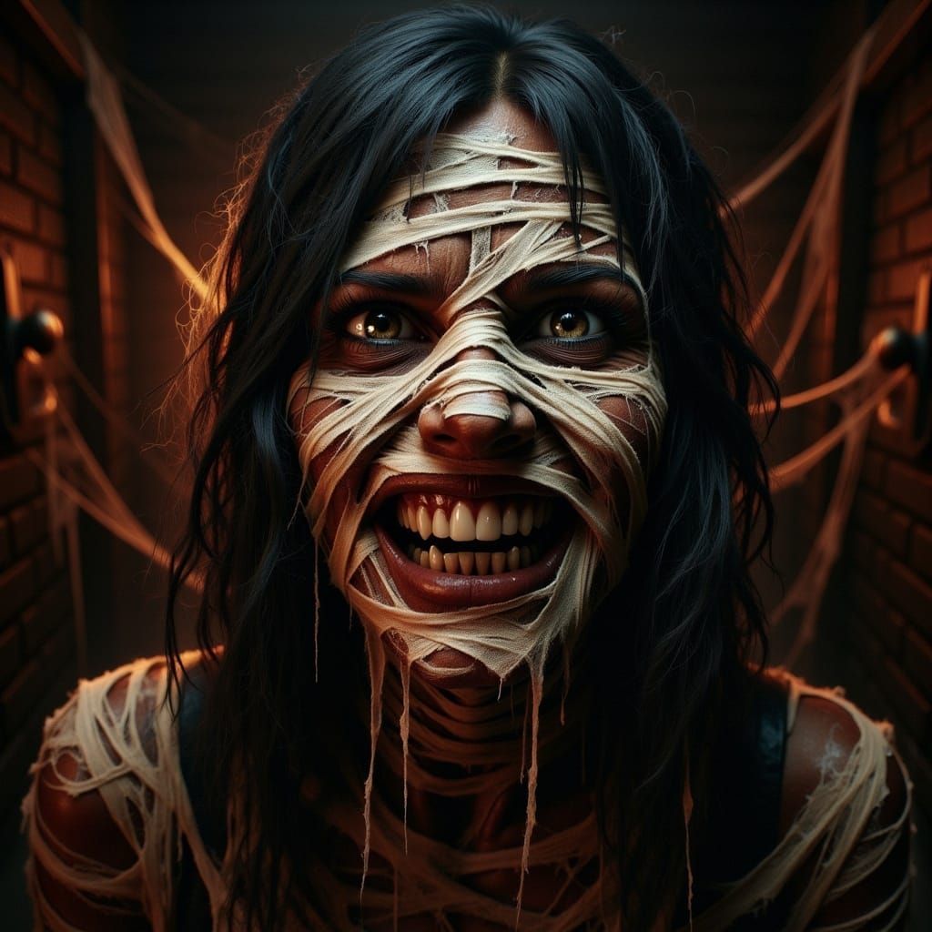 <lora:-The Mummy-:1.0>  a hyperrealistic image of a attractive woman in the style of Simon Bisley with a sinister mood and a more sinister b...