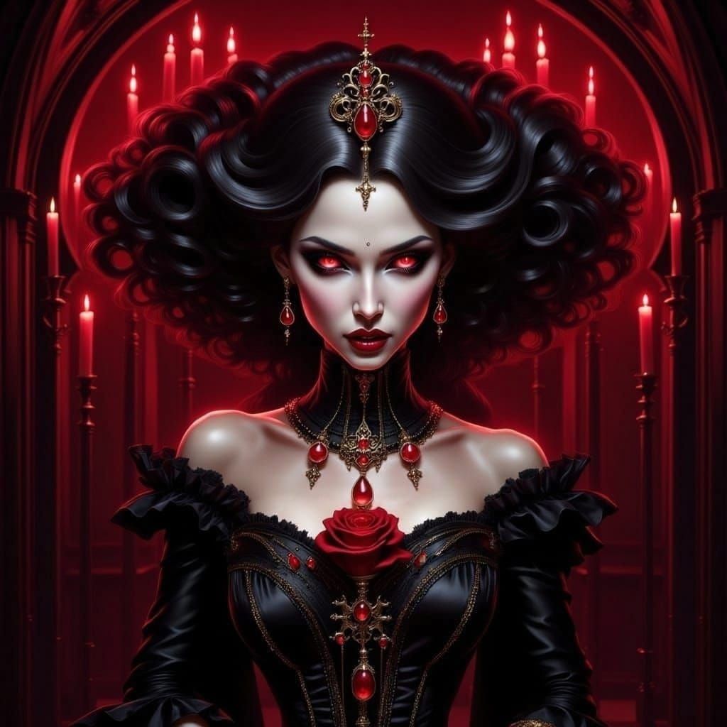 <lora:Flux Vampiress:1.0> Beautiful female vampire