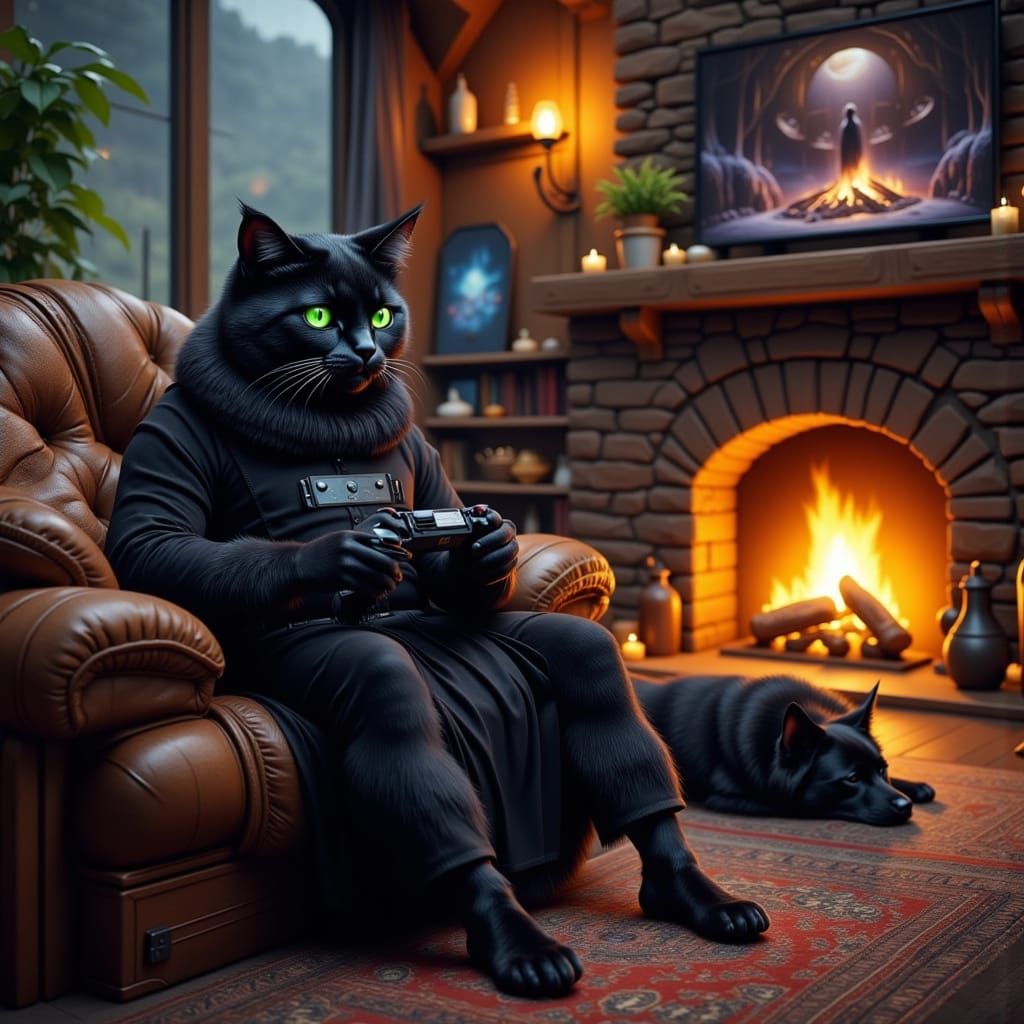 Spock Cat Plays Games in Cozy Cabin