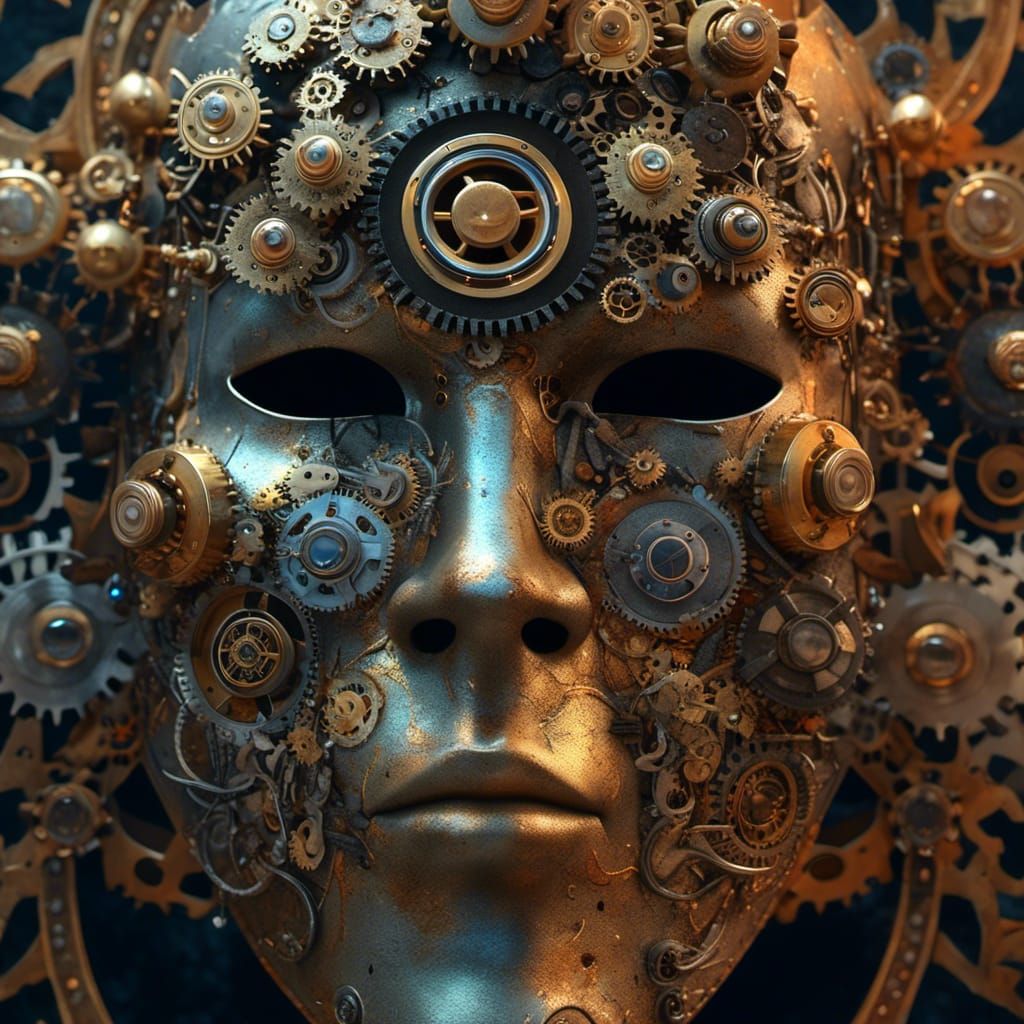 <lora:MJ6 Masks:1.0> A mask adorned with gears and cogs, the mask conveys dramatic atmosphere, a cinematic shot, hyperrealistic, photoreali...