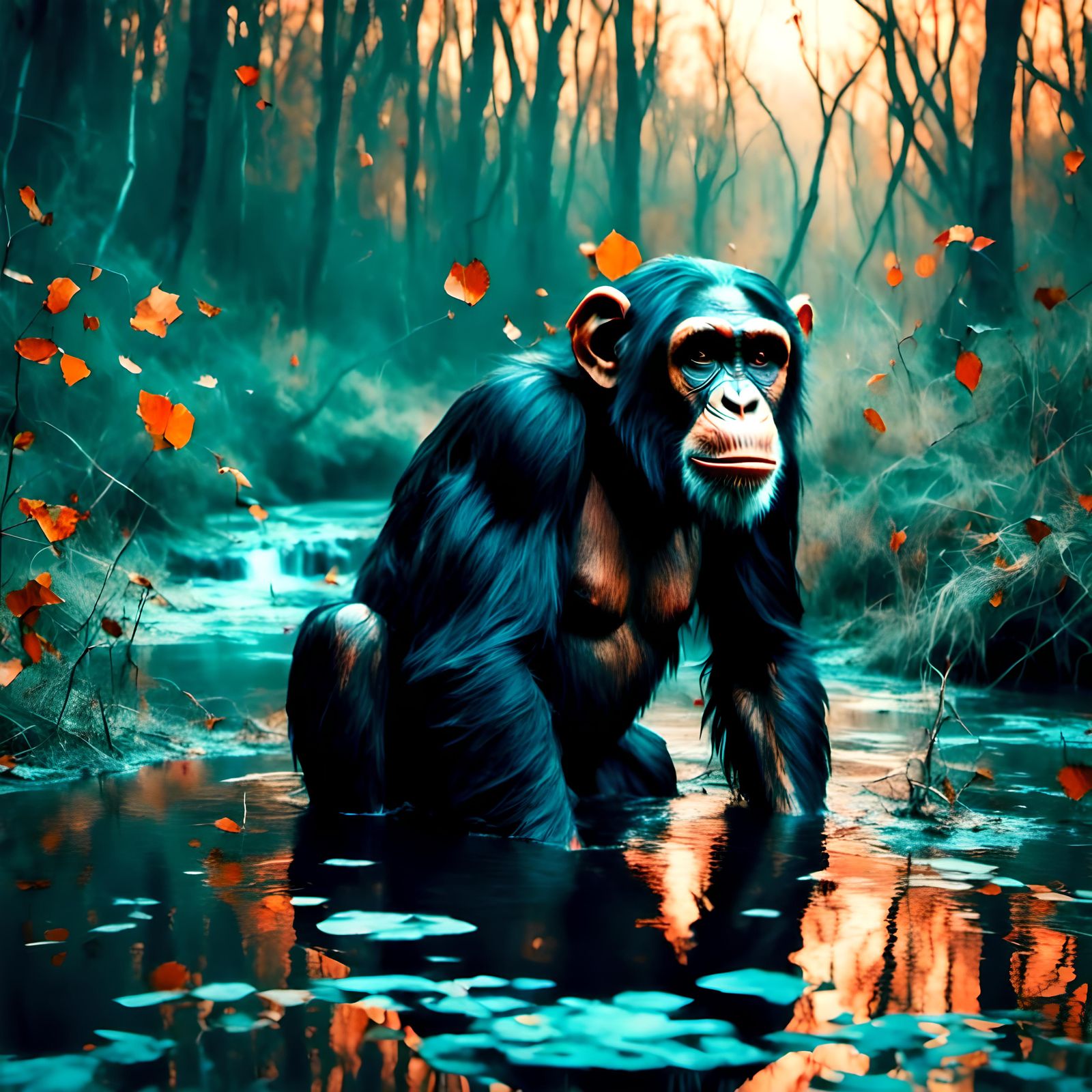 A chimpanzee refreshing in a forest stream