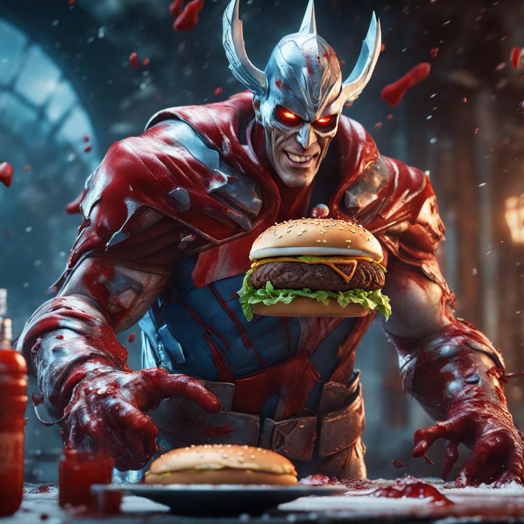 icy burger man in a super hero costume extremely jacks with ...
