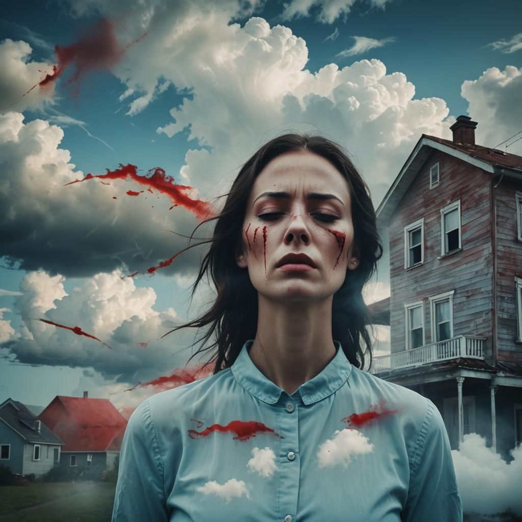 superimposed on clouds in ethereal setting full body, women with bloody