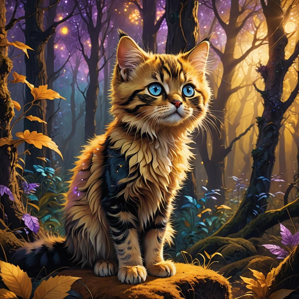 Cat, enchanted forest in autumn