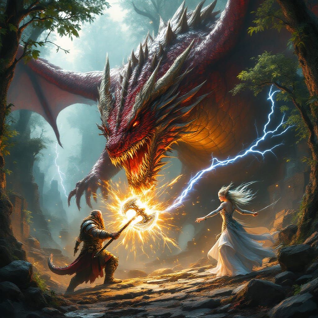 a massive red dragon is figthing against two adventurers, one is a male dwarf warrior with an enormous double battle axe and wearing chainma...