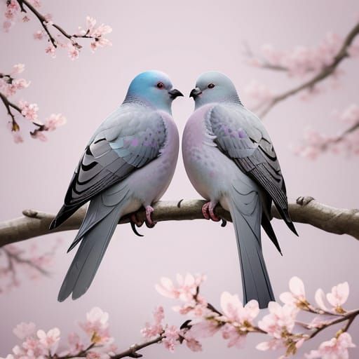 Pigeons on Cherry Blossom Branch in Dreamlike Atmosphere