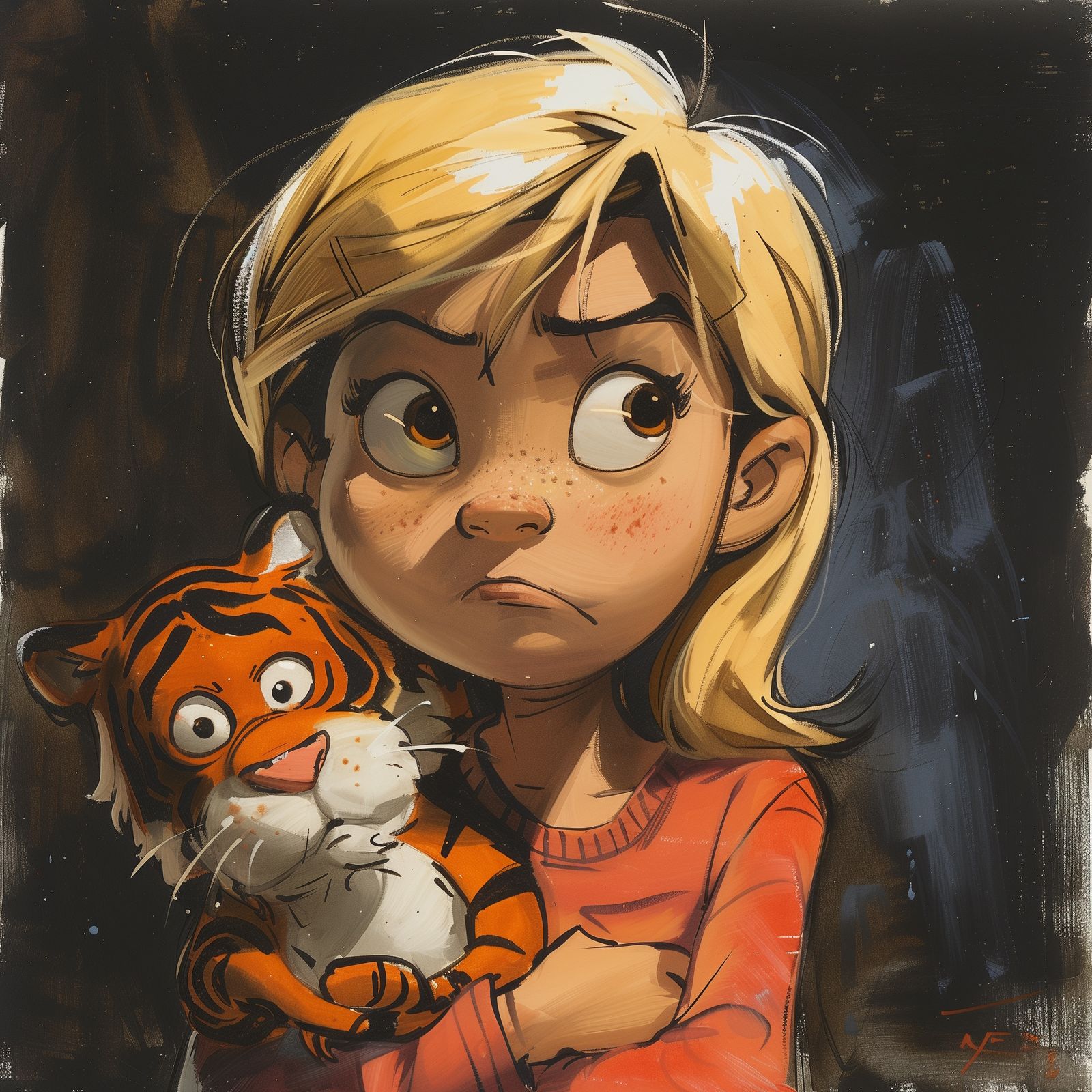 Cartoon portrait of girl and her toy tiger