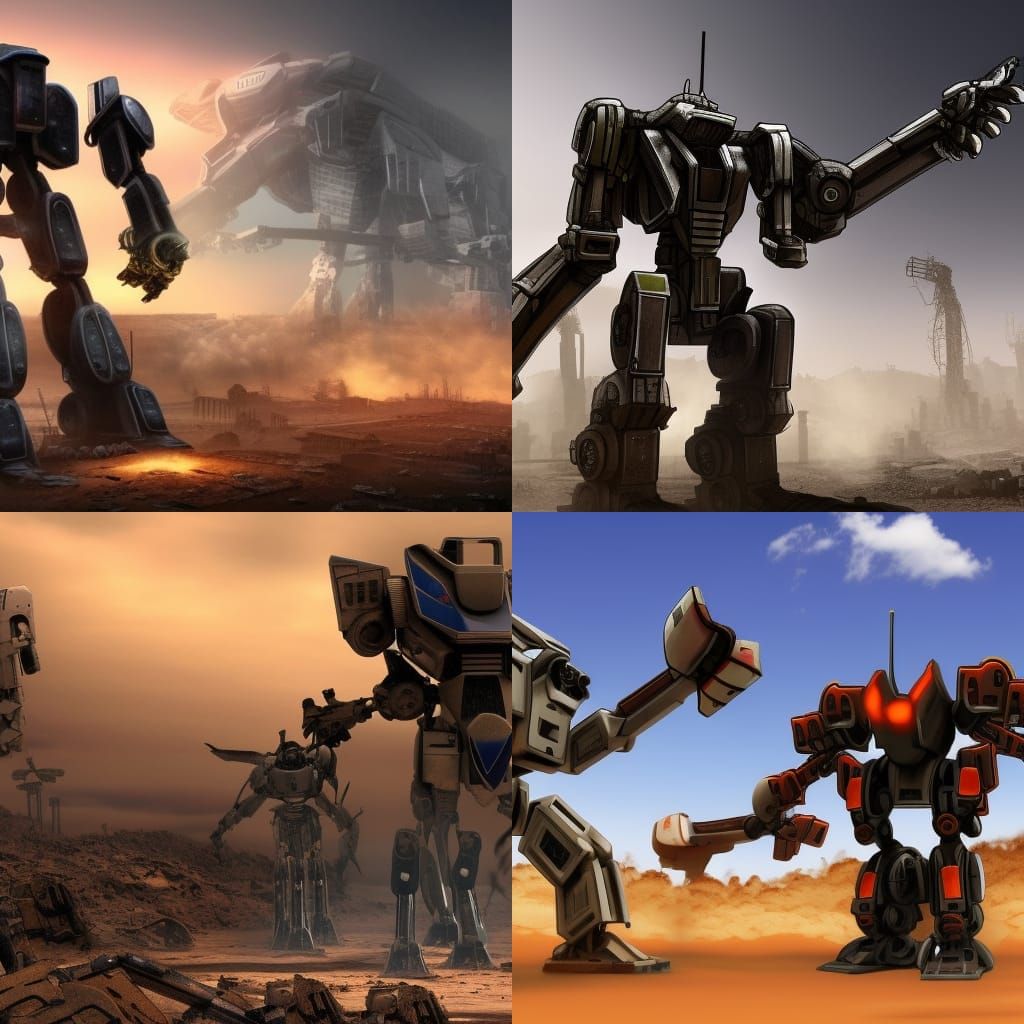 Create a 3D animation of an epic battle between giant robots...