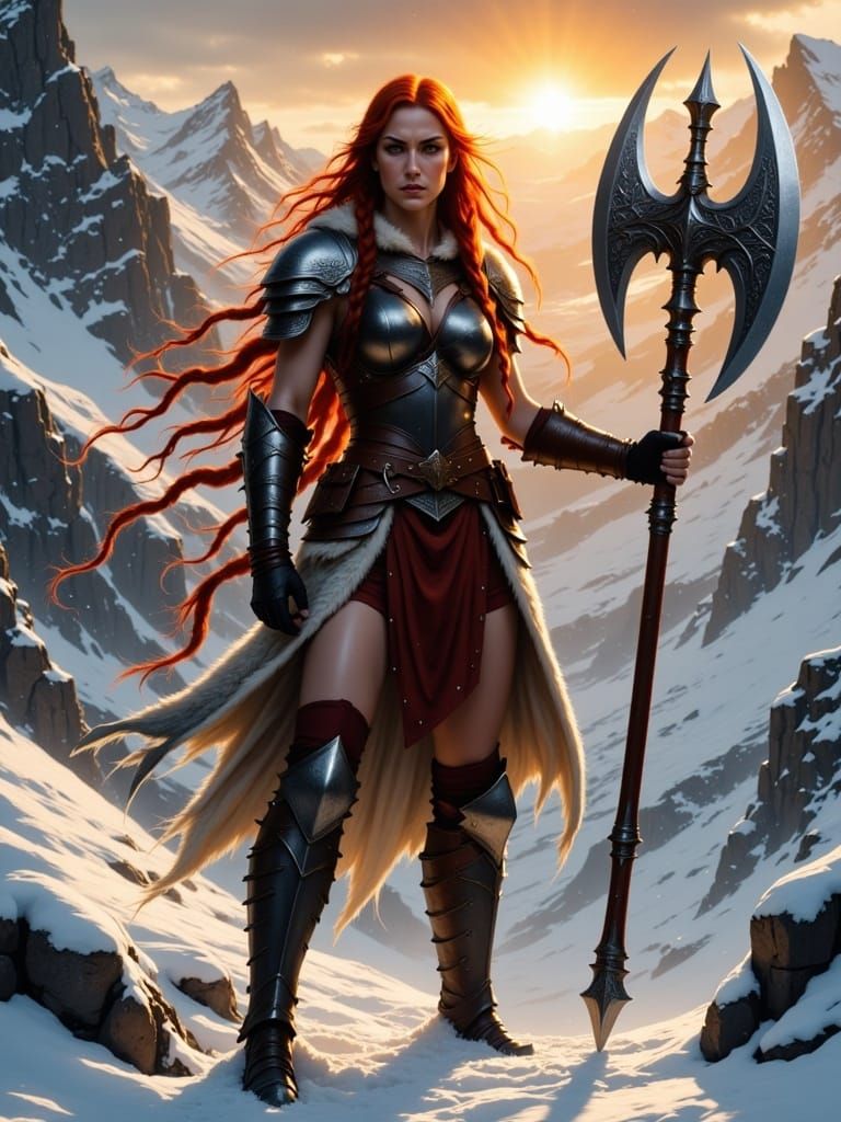 <lora:Empathy:1.0> full body, Female Barbarian Boudica wearing leather and fur armour, holding a giant battle axe, with long braided red hai...