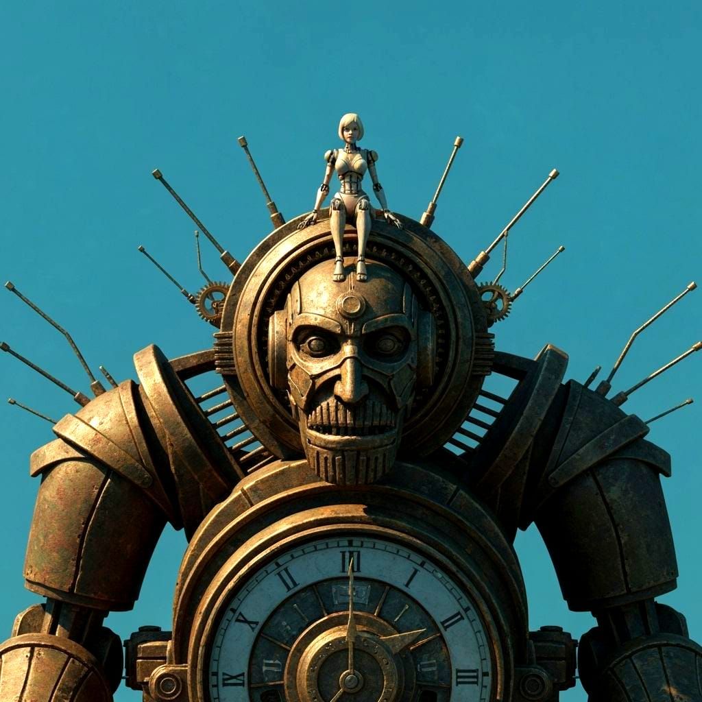 Close up of a solitary figure, a female robot, sits atop a colossal, ancient clockwork automaton in the style of Moebius. Facing the viewer.