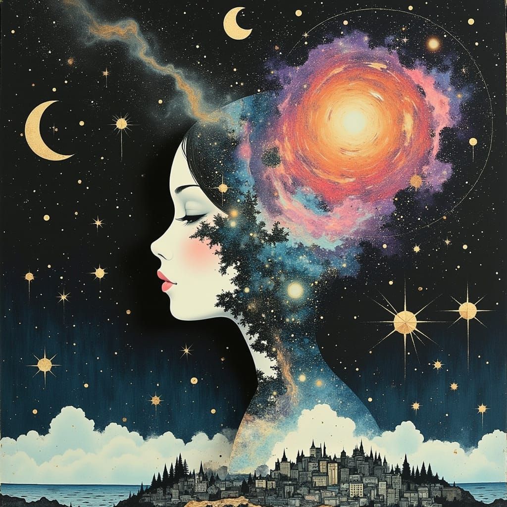 Galaxy Merges with Cityscape in Double Exposure Style