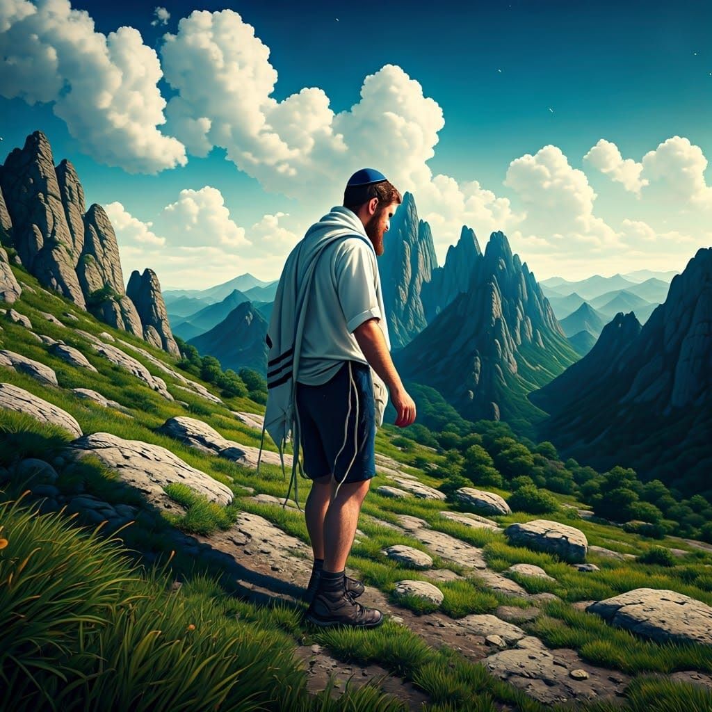 Hasidic Man Hiking Mystical Mountains, Fantasy Concept Art