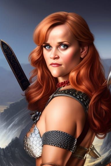 Reese Witherspoon Does Red Sonja Action Pose By Joyce Ballantyne Ai Generated Artwork 