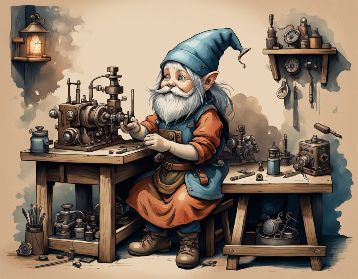 a female gnome repairing an automaton at a workbench. a masterpiece, 8k resolution, dark fantasy, dynamic ...  by @Amanda