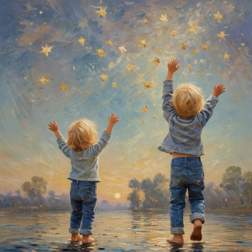 Children Reaching for Stars as Impasto Oil Painting