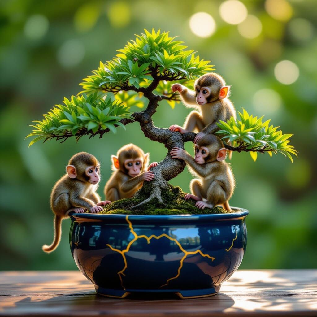 Bonsai Tree with Playful Monkeys in Gold-Cracked Pot