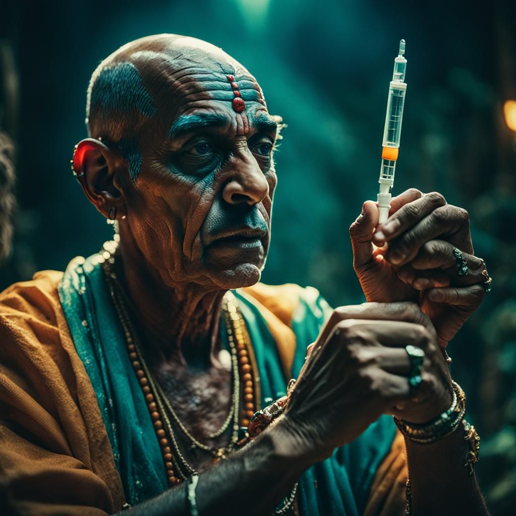 Hare Krishna injects himself with a drug into his arm with a syringe