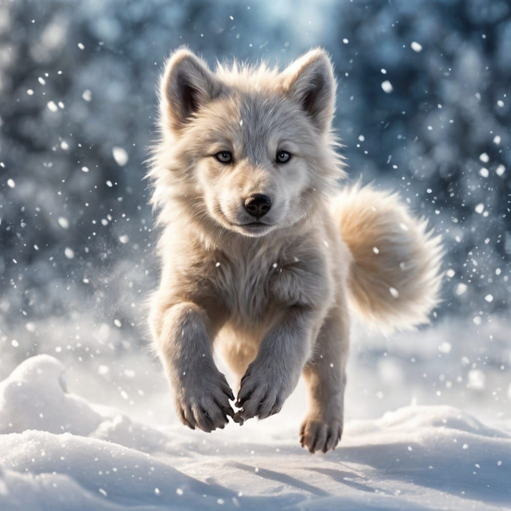 Magical White Wolf Cub Leaping in Snow