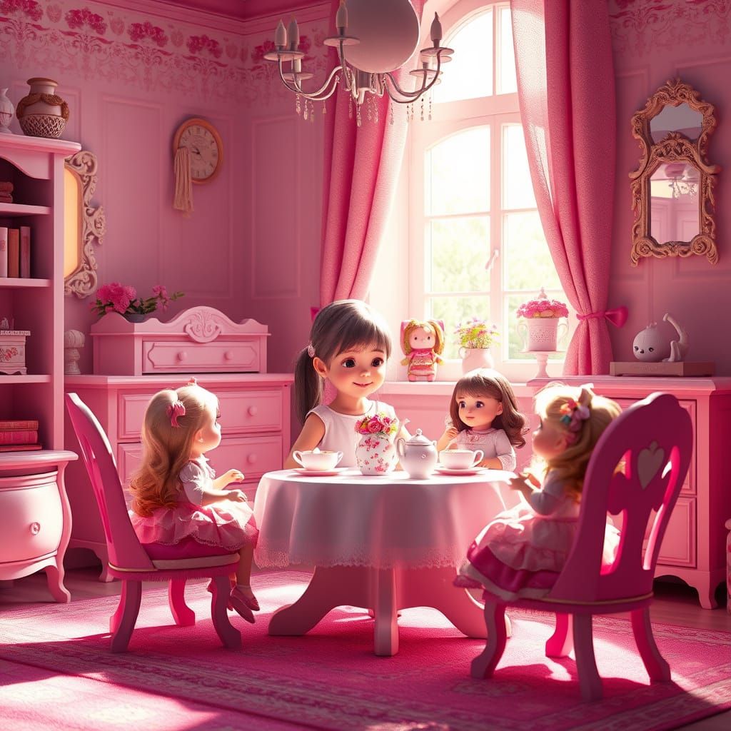 Girl's Tea Party in Sunlit Pink Room