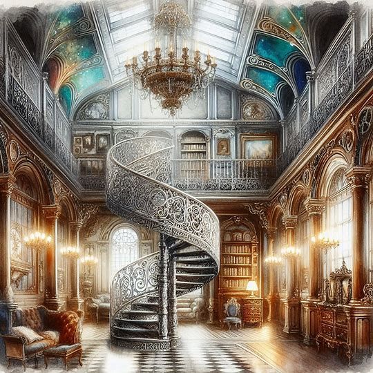House interior with elaborate spiral staircase