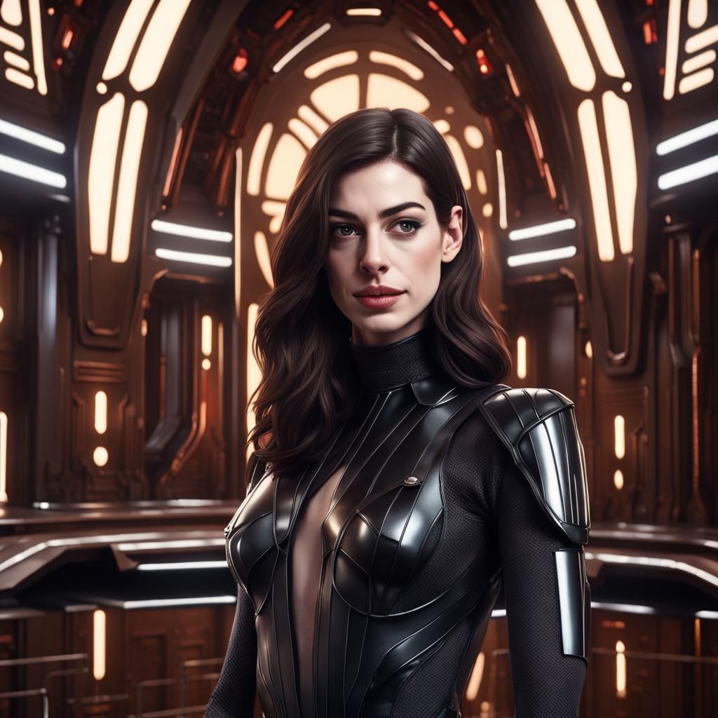 Anne Hathaway with long dark hair, wearing a shiny black sci fi leather ...