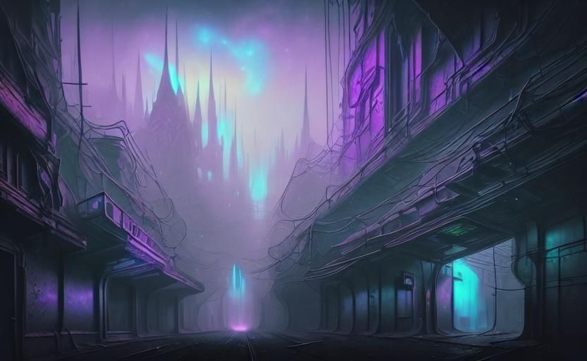 Purple & Black Atompunk Retrofuturistic Cosmic Nighttime Cityscape, Urban Landscape, <lora:StructuralbyChaonea:1.0> Cosmic 16K hyperdetailed...