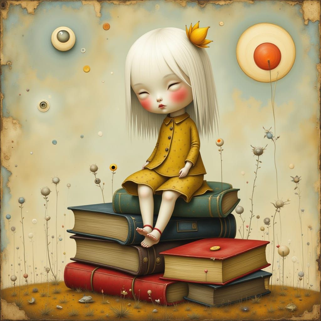 "A white-haired cute baby girl sitting on top of a pile of books in art brut style by Santiago Caruso, Skottie Young, Tim Burton and Tom Bag...