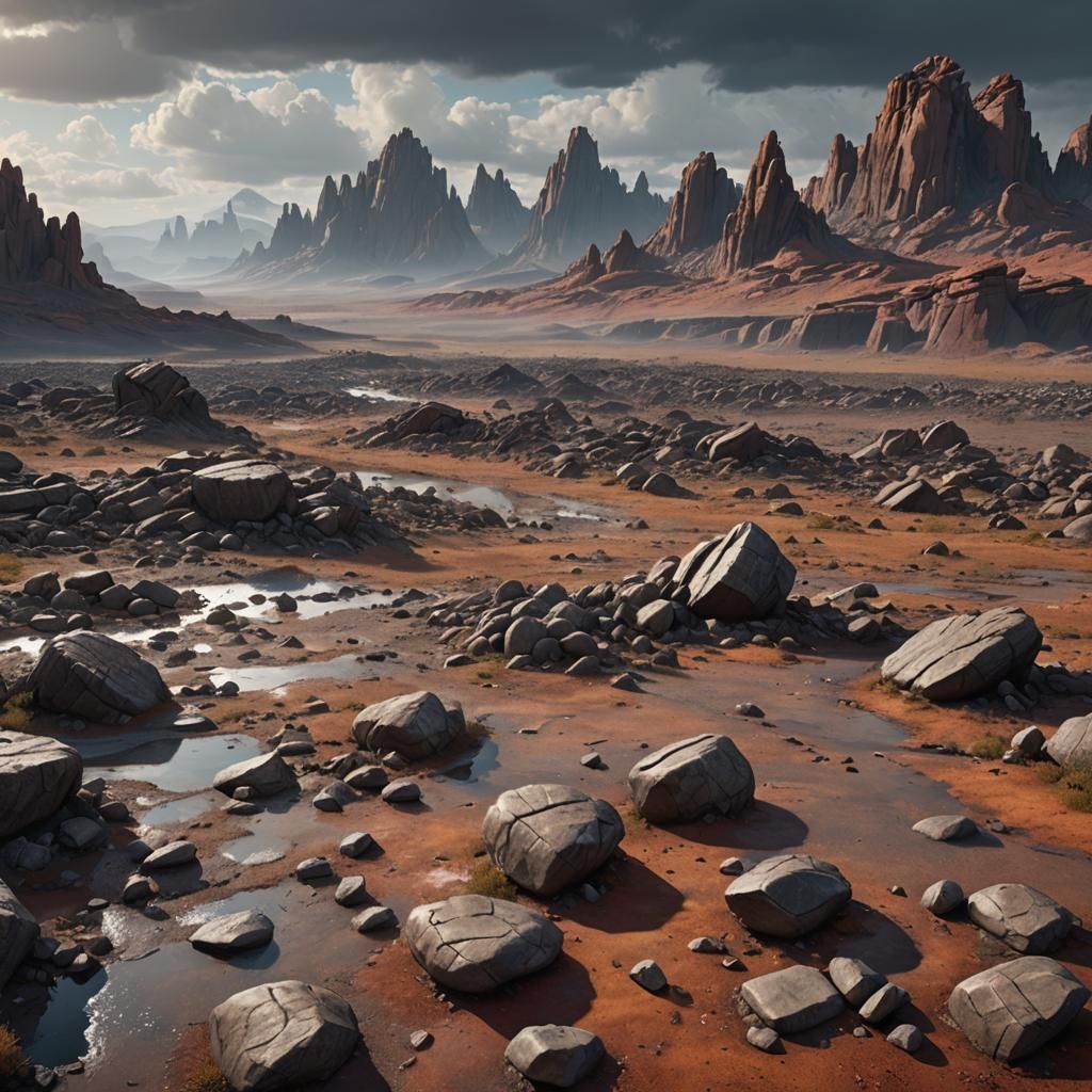 Barren cloudy landscape with some rocks sticking out of the ...