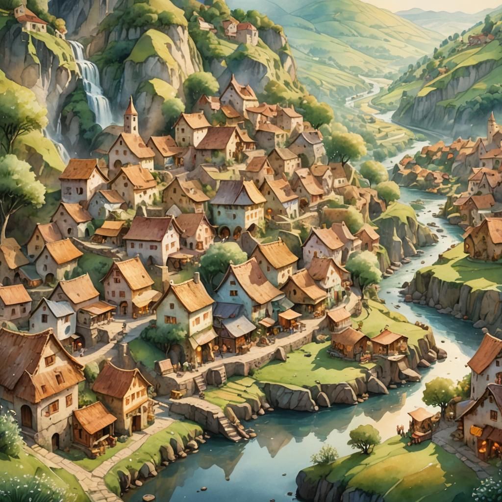 Whimsical Village by River as Fantasy Concept Art