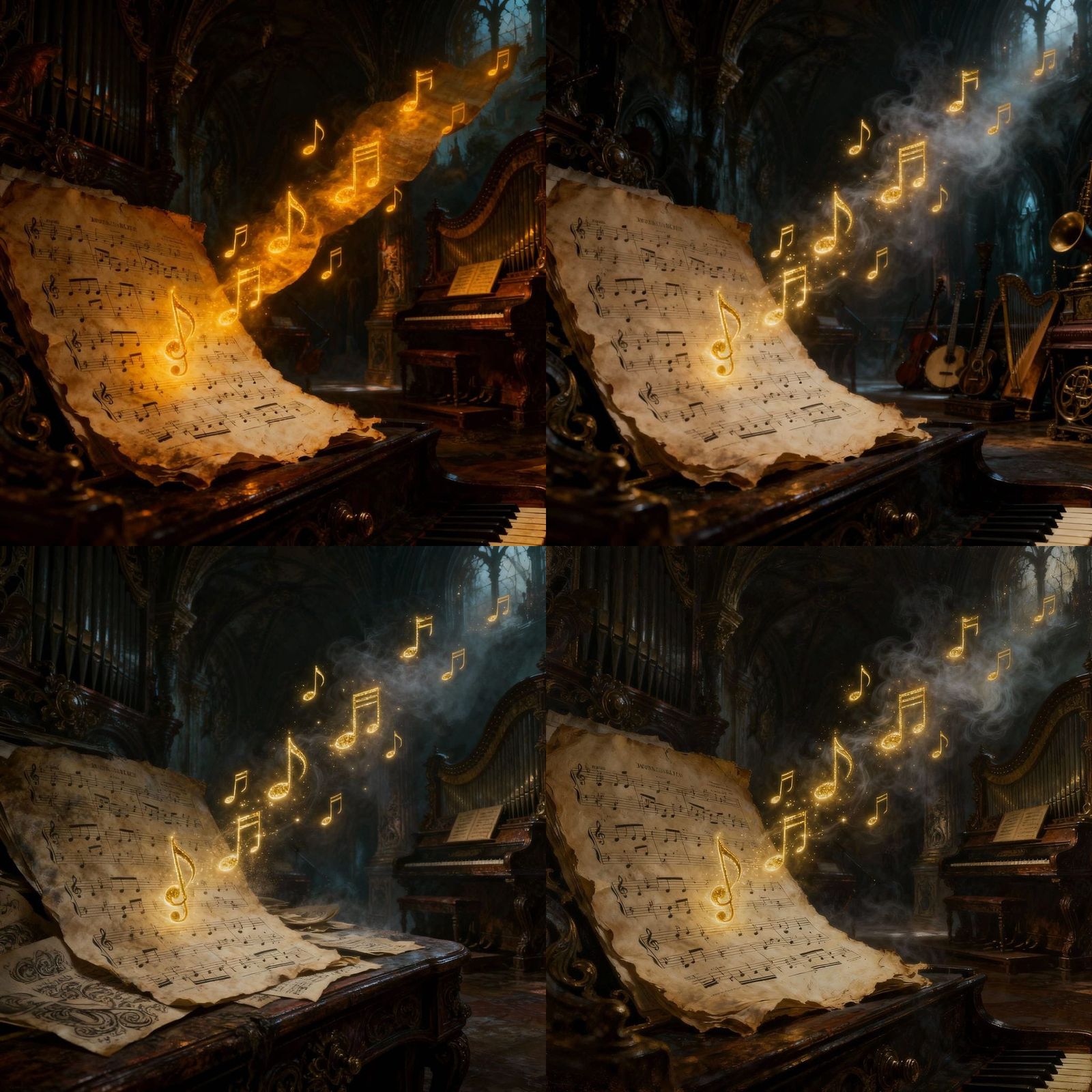 Music sheets with magical goldeni musical notes coming out of the papers .. floating in a magical gothic  musical room f...