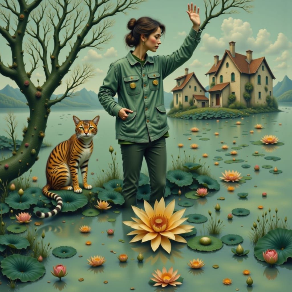 Surreal Double Exposure Tree Scene with Animals and Village