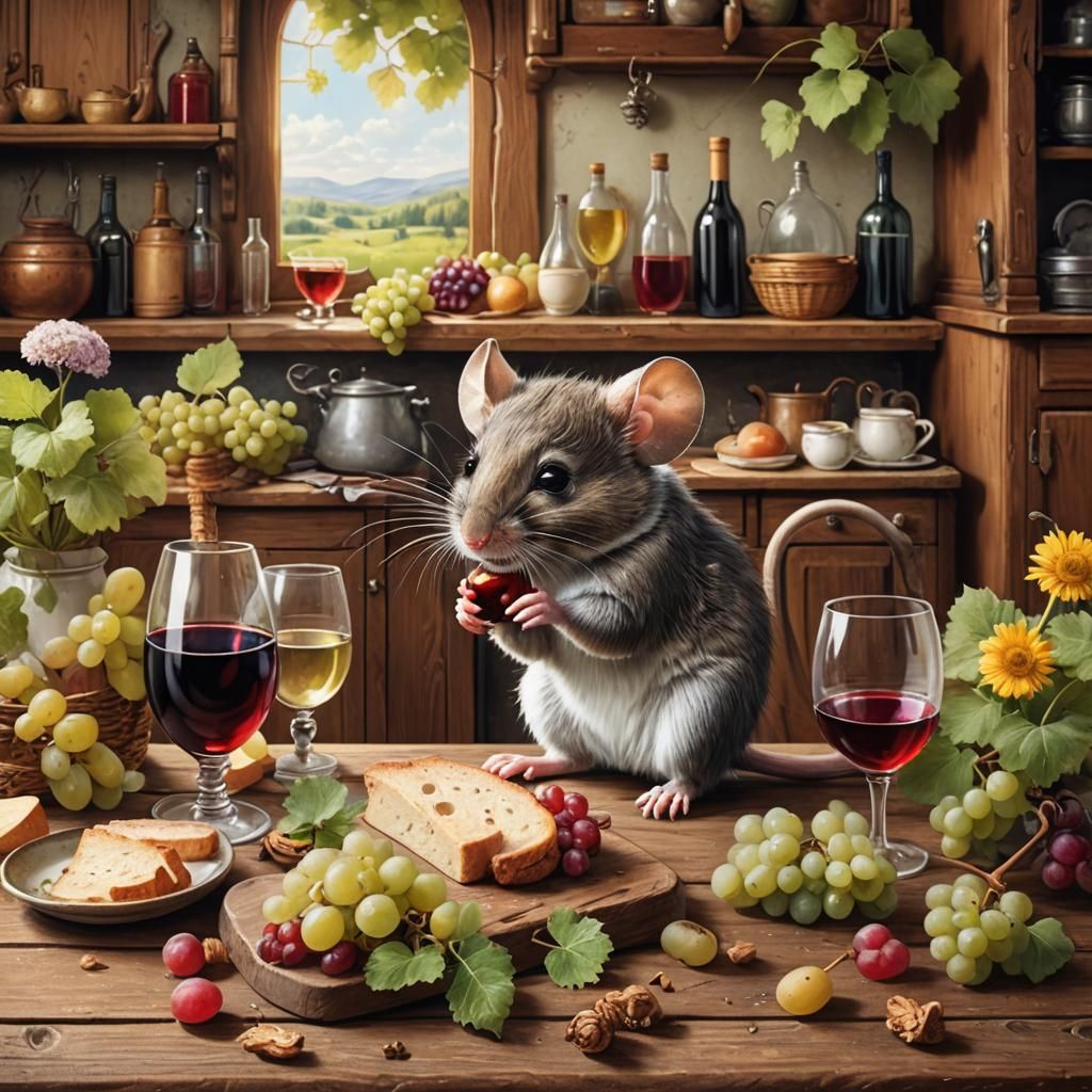 Cute little mouse tasting wine,wooden table,Victorian era ki...