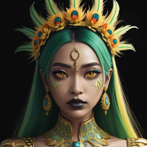 Beautiful woman with metallic gold skin, yellow peacock feat...