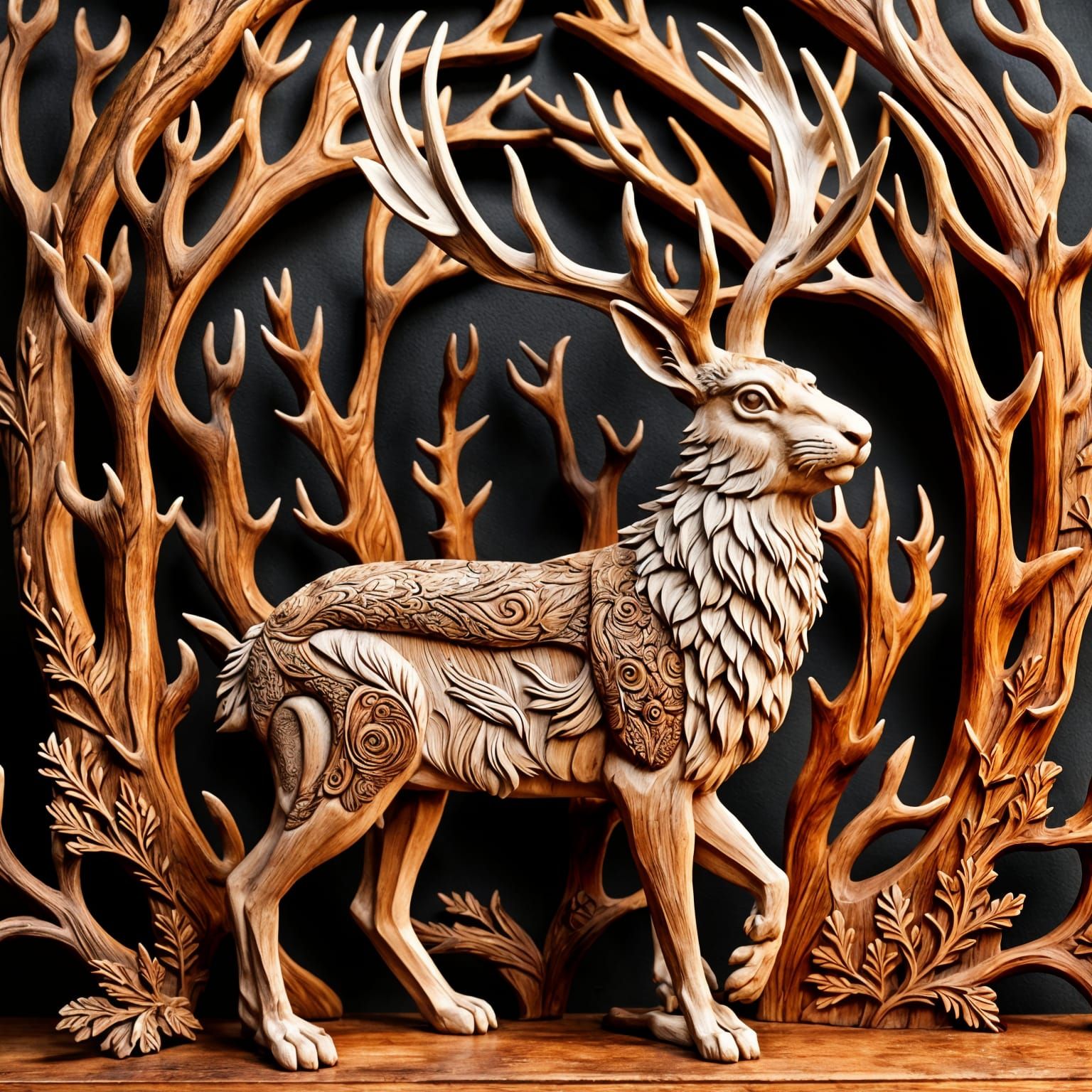 Wood carving of a jackalope  by @Tiny Pearl Cat