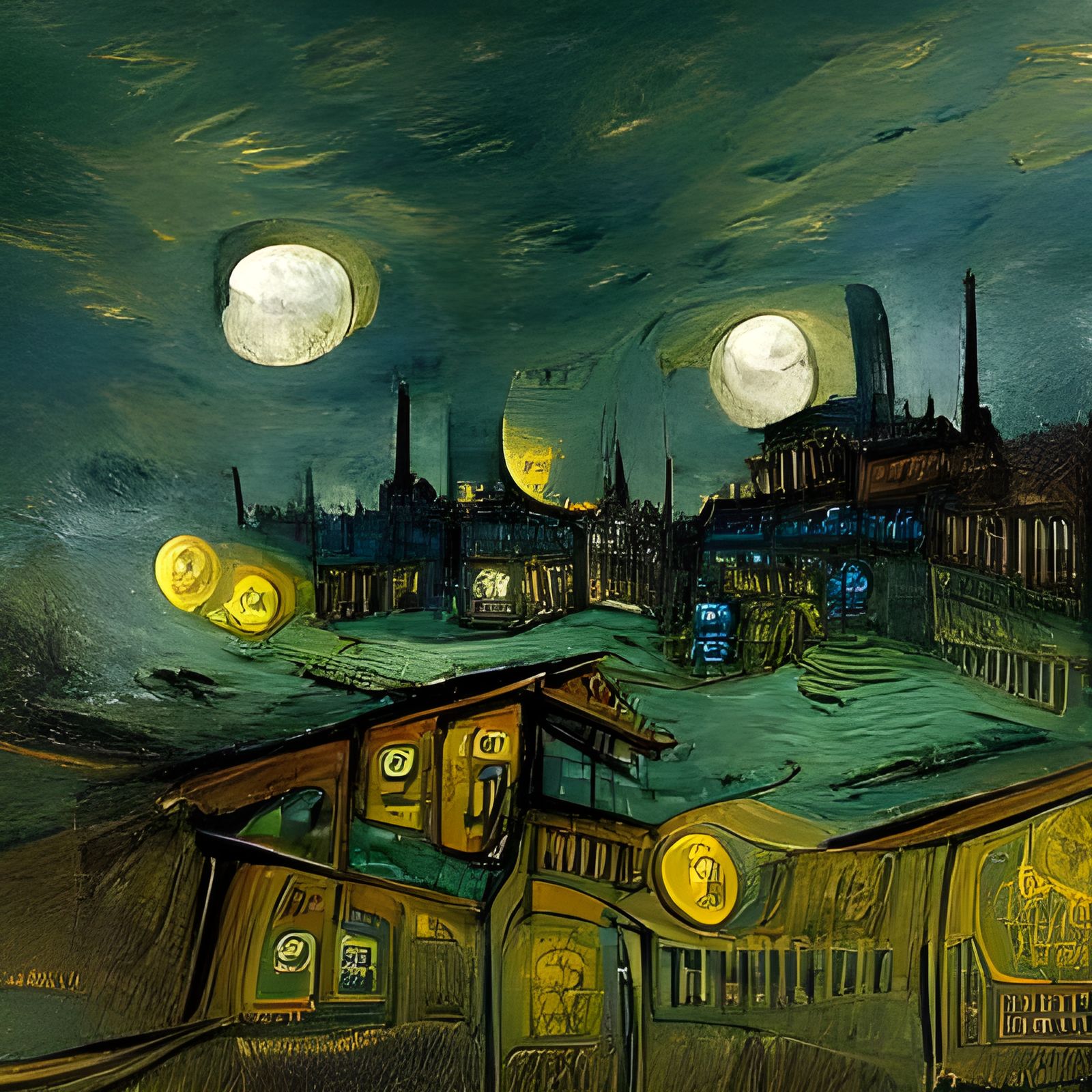 A moonlit steampunk cityscape at night, by Van Gogh