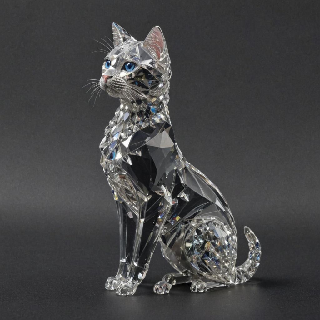 Crystal clear, Swarovski style white cat full body.  side vi...