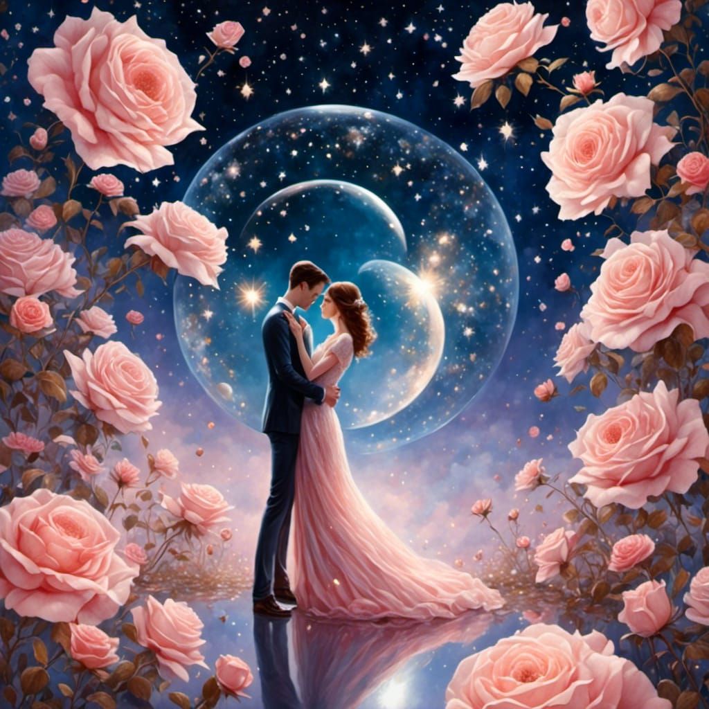 <lora:Extremely Yumi 2:1.0> Falling in love : a cute couple in love in the stars, a translucent diamond rose  hyper-detailed, hyper-realisti...