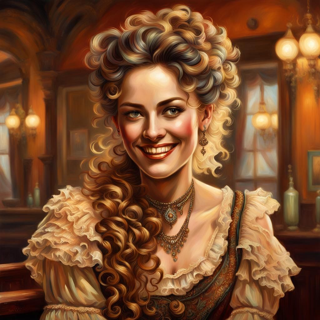 Vintage antique portrait of a western saloon girl, wispy hair tendrils flowing over her shoulders.   