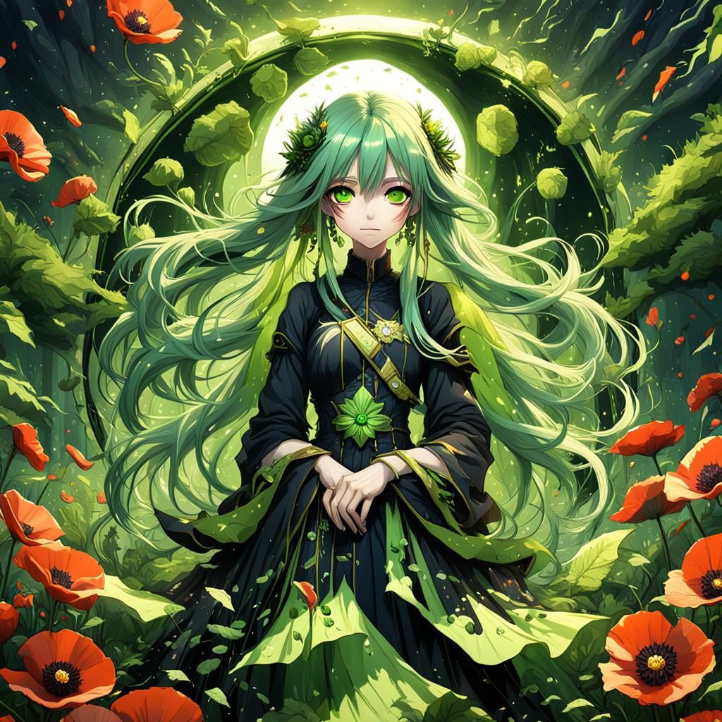 Anime girl with long lime green hair and bright green eyes c...