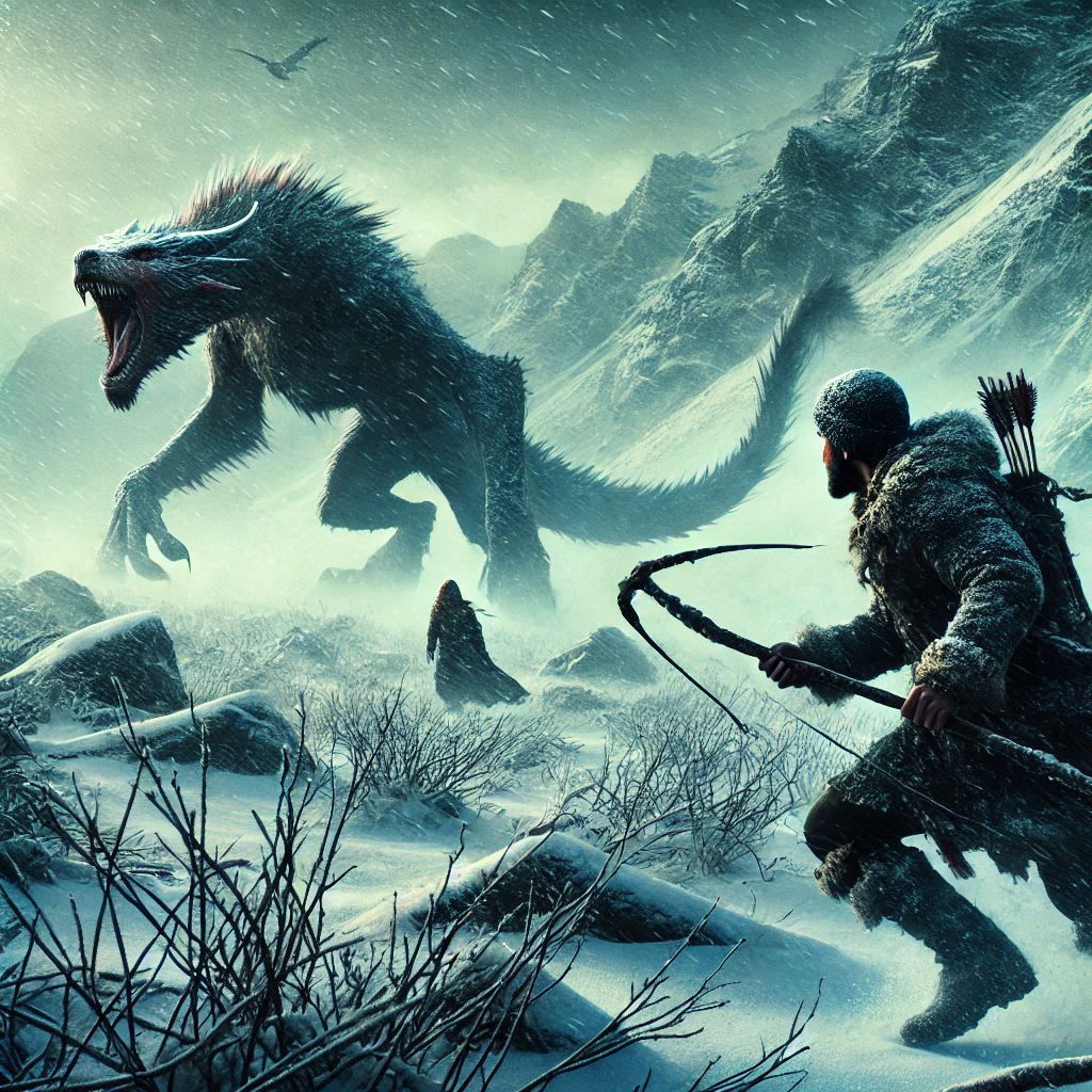 A hunter tracking a mythical beast through the tundra