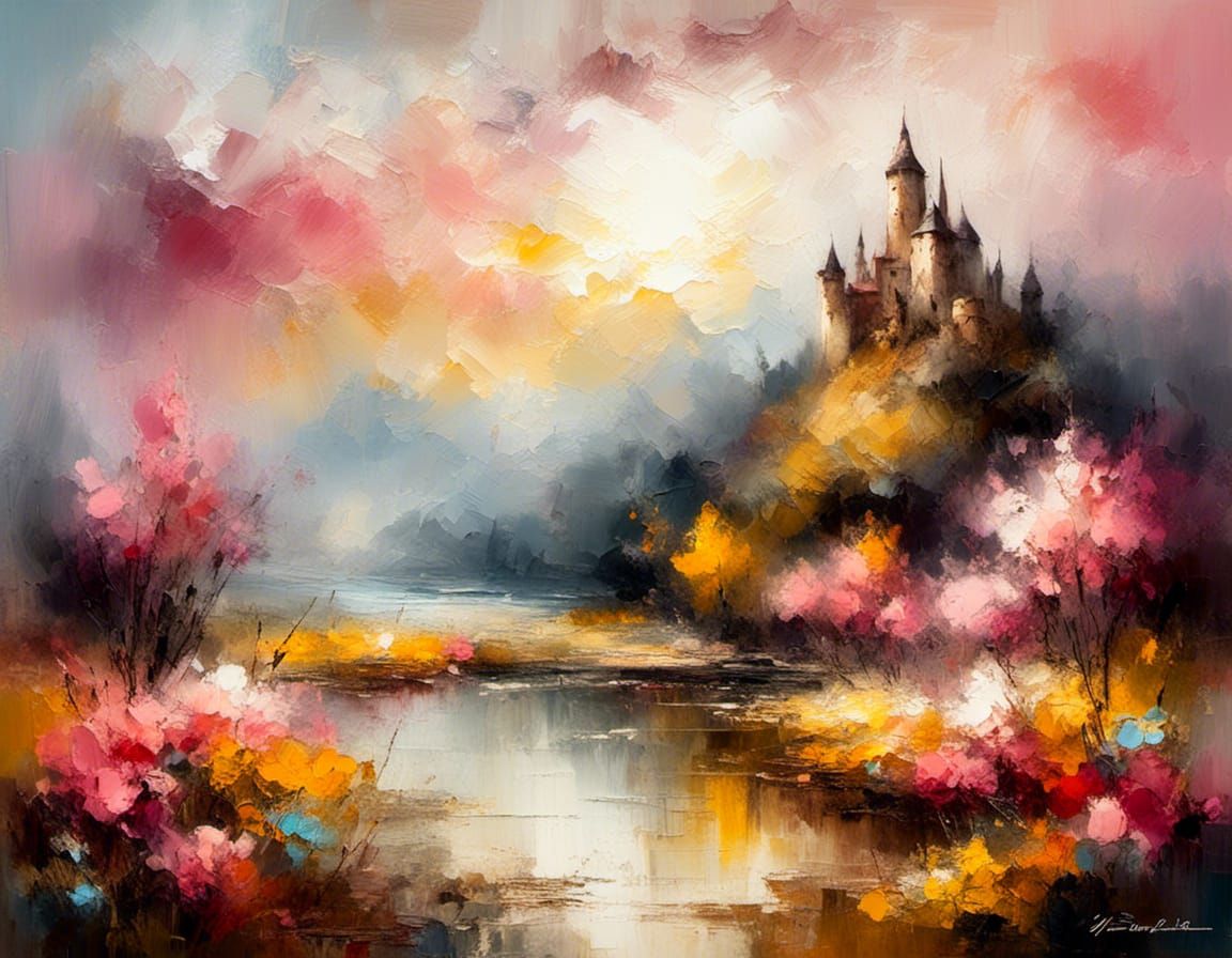 Castle on a hill in a foggy landscape