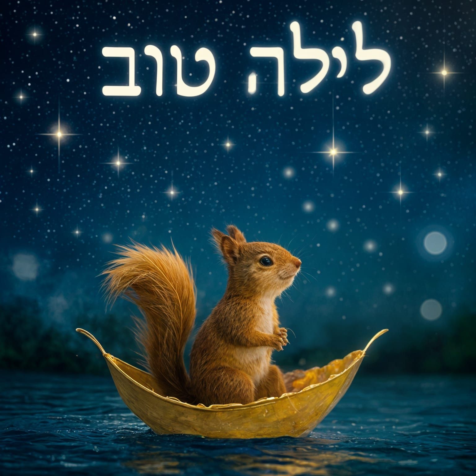 Good Night Squirrel on Golden Leaf Boat