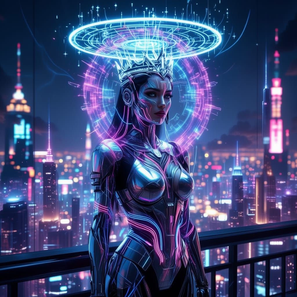 A futuristic queen with cybernetic enhancements, her regal attire composed of interwoven fiber optics and polished chrome. Her crown is a mi...