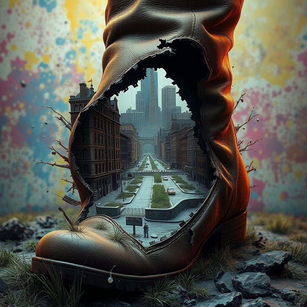 In the forest, inside a large, torn leather high boot, there is an entire deserted city, with half-ruined buildings, the blind eyes of broke...