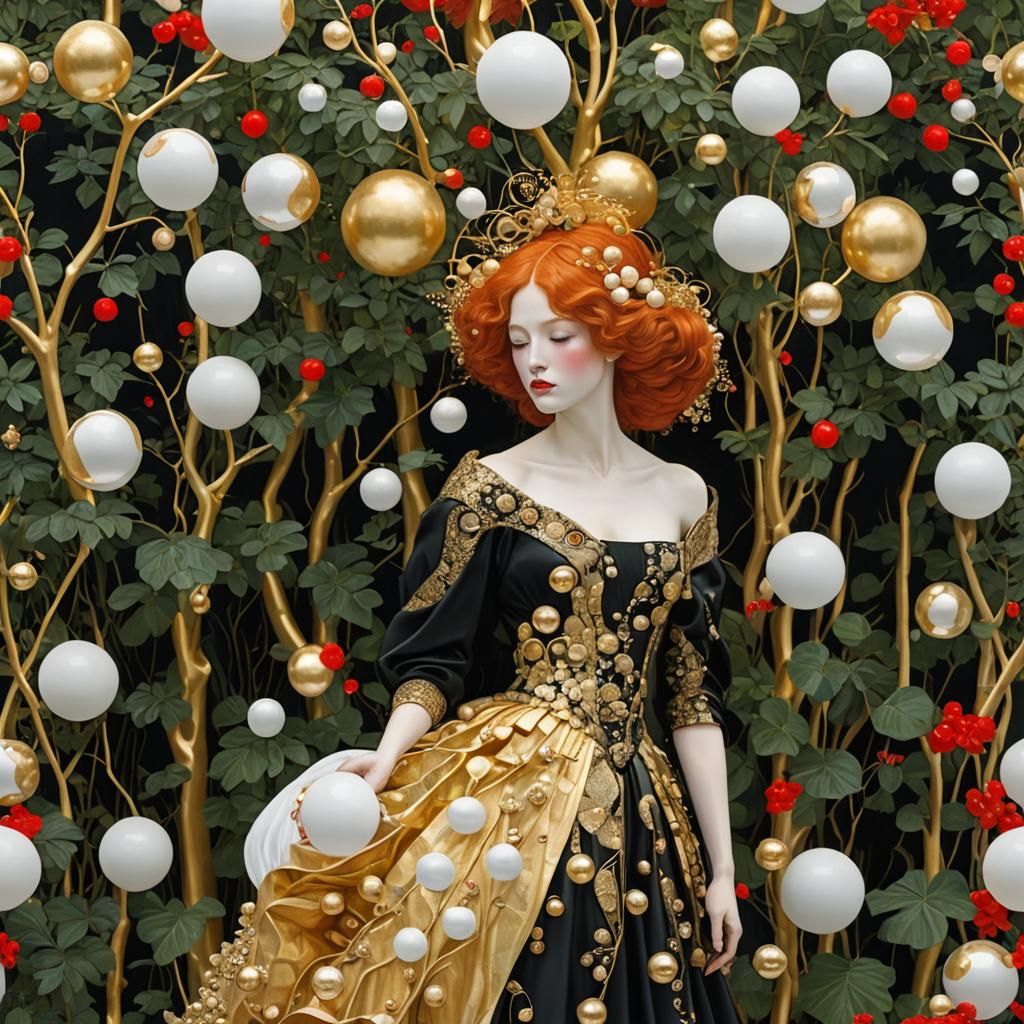 3D Gustav Klimt! golden, lady with red hair, black dress, wh...