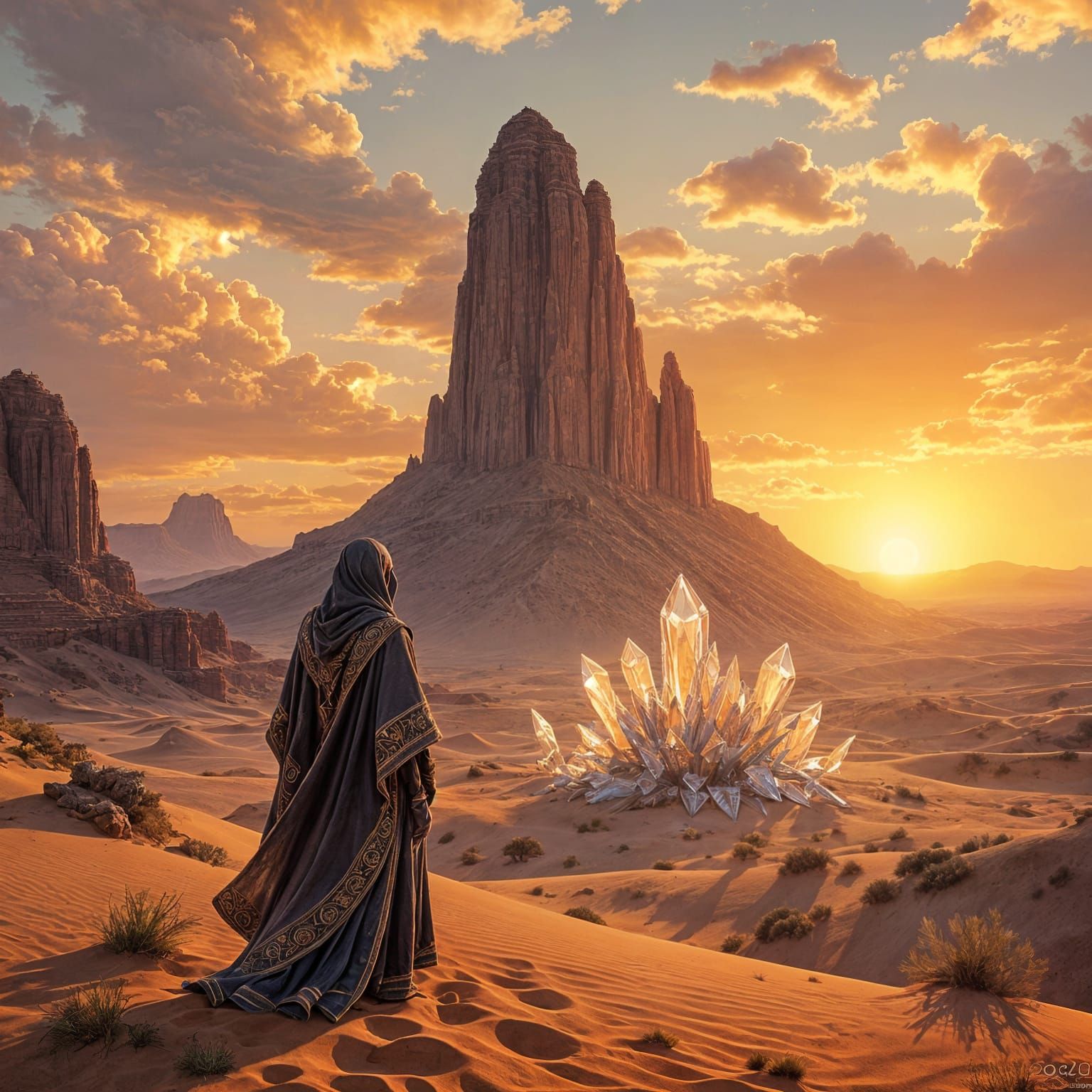 A lone traveler stands at the edge of a vast, Arabian night kind of desert at sunset, gazing towards a towering mesa in the distance. The sa...