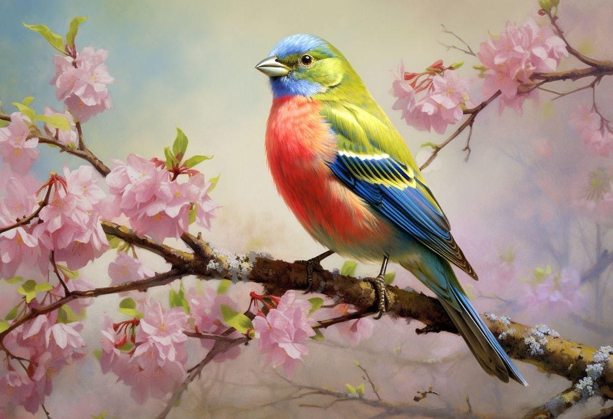 Vintage Art Male Painted Bunting in a Cherry Blossom Tree, pastel ...