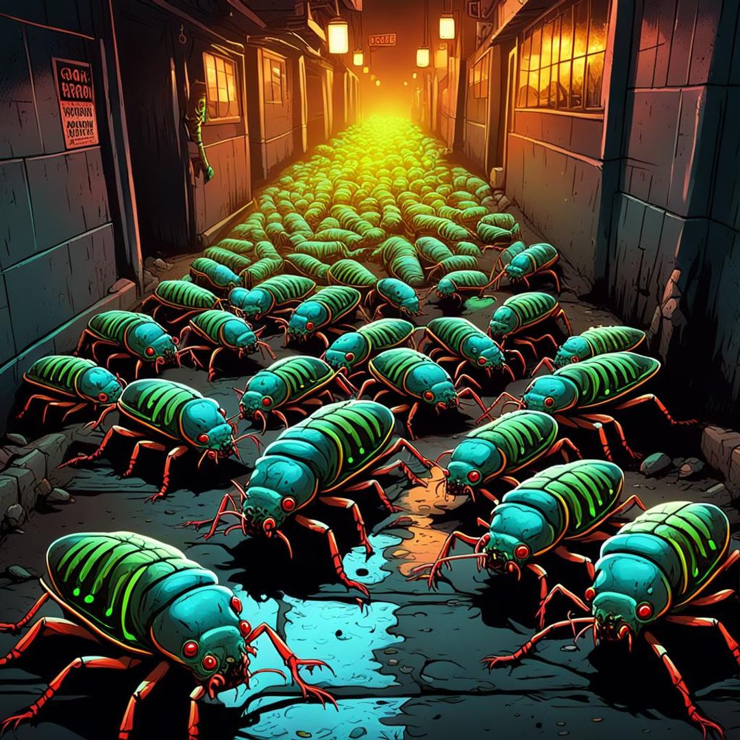 Glowing neon horror, army of zombie cockroaches overrun the sewer - AI ...