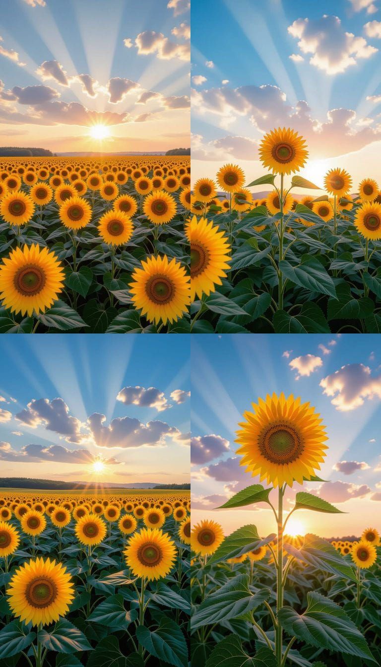 Dreamy Sunflower Field at Sunset with Surreal Overlays