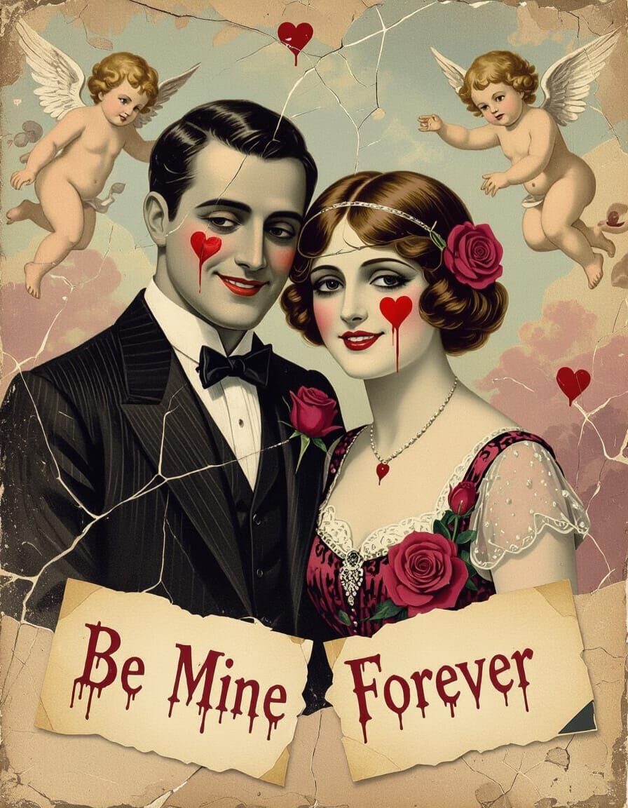 A 1920s-style Valentine’s Day postcard, aged and cracked. A smiling couple in old-fashioned attire pose with roses and lace, but their eyes ...